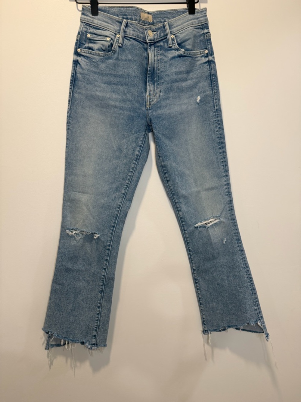 MOTHER Washed Light Blue Distressed Straight-Leg Jeans